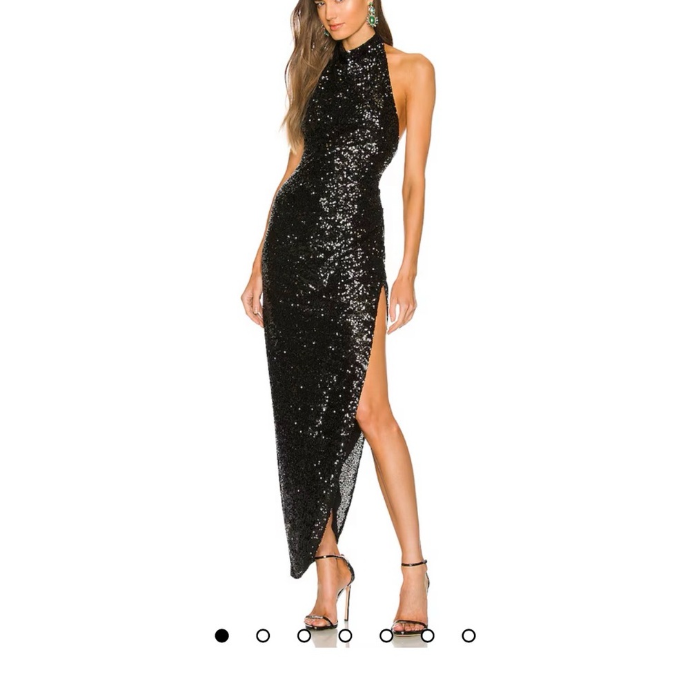 Amanda Uprichard Black Sequin Asymmetrical Halter Gown